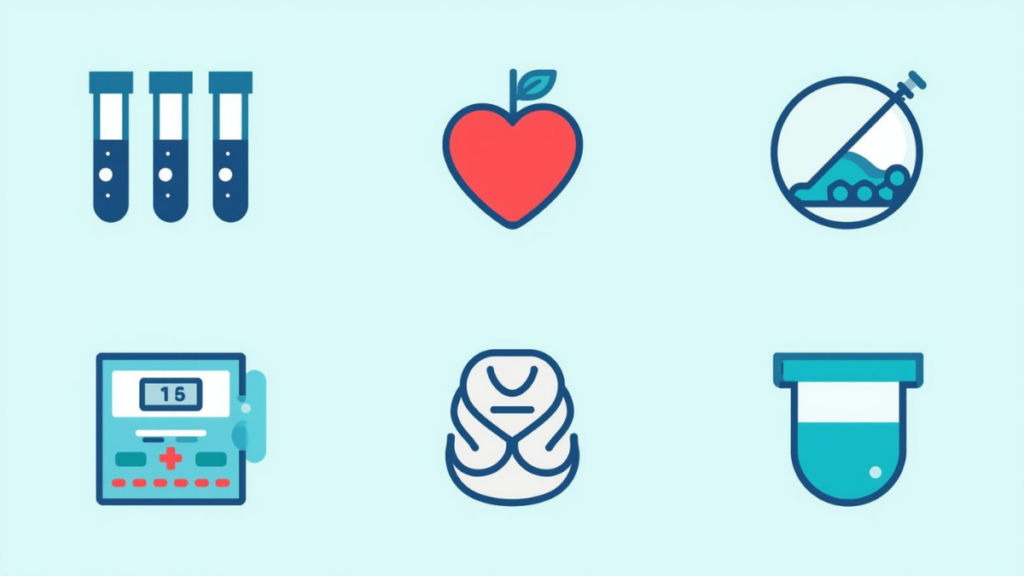 Flat-vector icons showing blood test tubes, a heart symbol, a swab test, glucose monitor, stethoscope, and urine sample, representing common tools for understanding your health information.