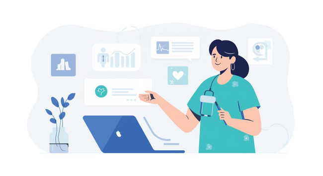 Illustration of a healthcare professional reviewing digital health information on a laptop, representing a beginner’s guide to understanding medical tests, symptoms, and doctor visit information.