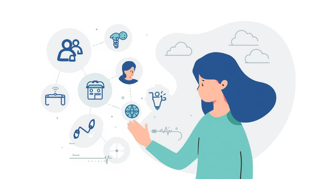 Flat-vector illustration of a person reviewing a symptom log with medical icons like a checklist and calendar, using blue and teal colors to symbolize tracking symptoms effectively.