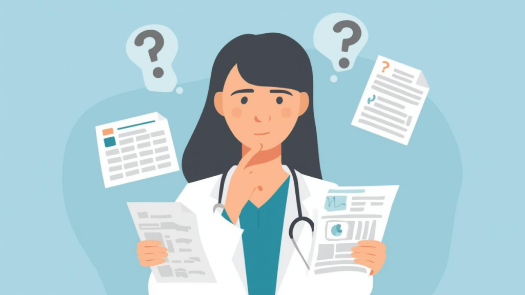 Illustration of a person reviewing medical papers and lab results with question icons, symbolizing challenges in understanding your health information.