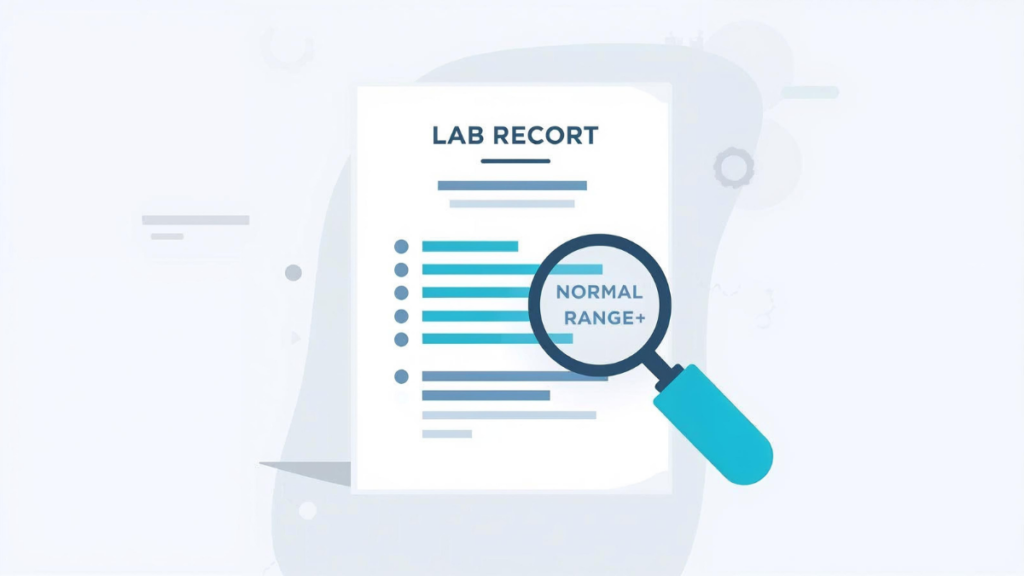 Illustration showing a lab report with reference ranges highlighted to explain blood test results in plain language