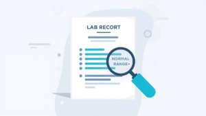 Illustration showing a lab report with reference ranges highlighted to explain blood test results in plain language