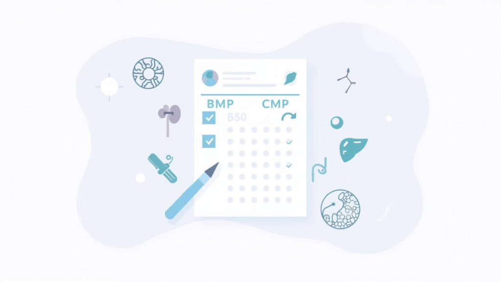 Simple illustration showing the difference between BMP and CMP blood tests with kidney and liver icons