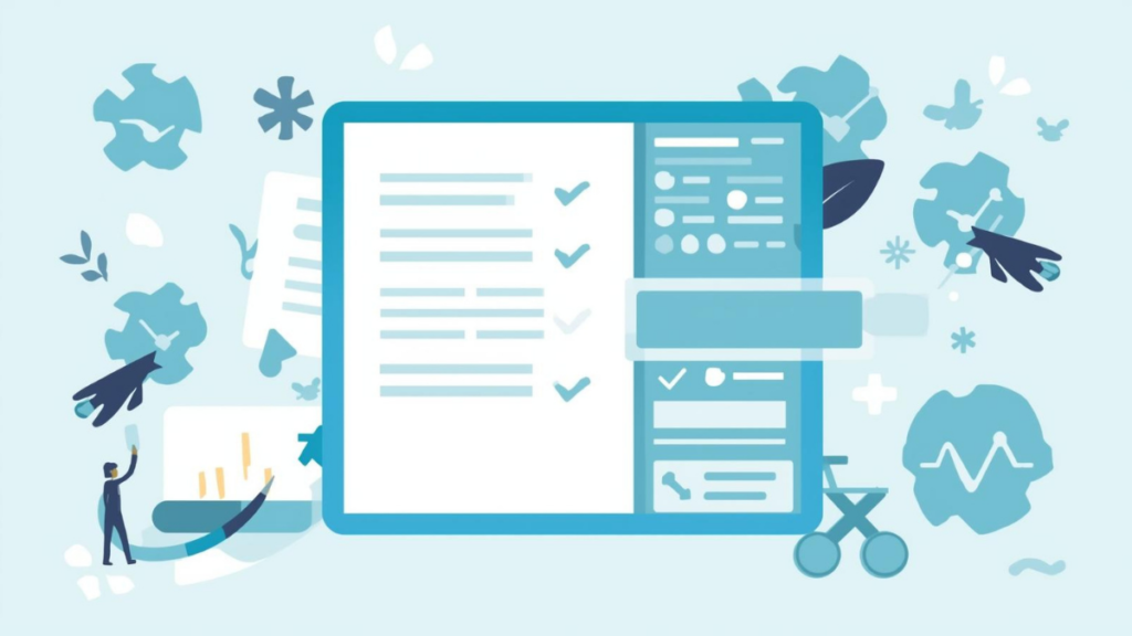 Flat-vector illustration of digital health records, checklists, and medical forms representing tools for understanding your health information.