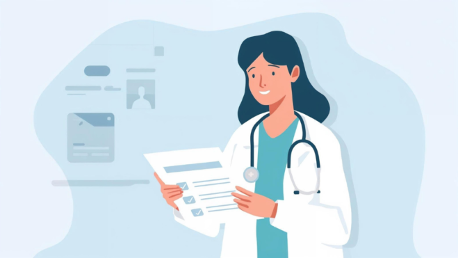 Illustration showing a clinician calmly reviewing blood test results