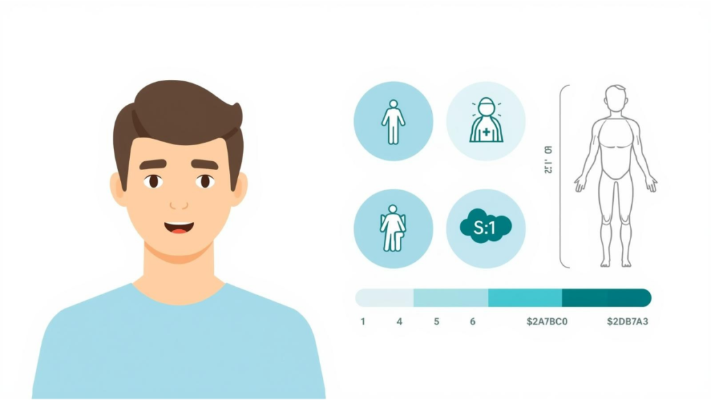 Illustration showing a person identifying symptom details—location, sensation, and intensity—demonstrating how to track symptoms effectively by describing symptoms clearly without medical jargon.