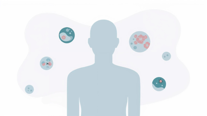 Common skin rashes shown on a simplified human figure in a calm medical illustration