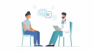 Calm patient explaining symptoms to a doctor during a medical visit
