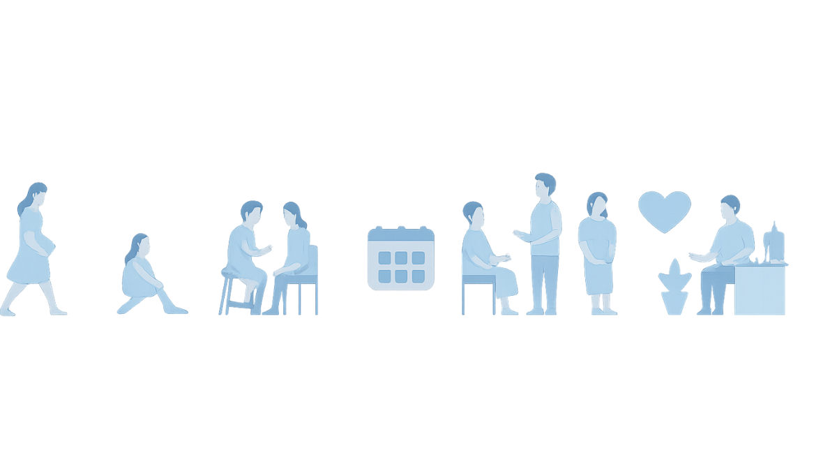 Preventive health screenings by age illustrated with a calm timeline of adult life stages