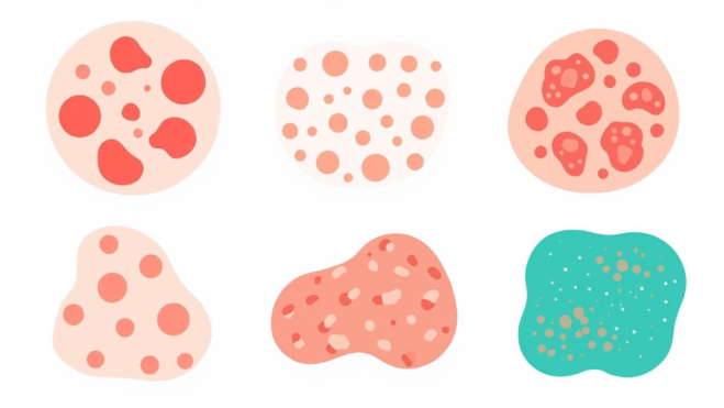 Illustration showing different common skin rash appearance patterns in a simplified style