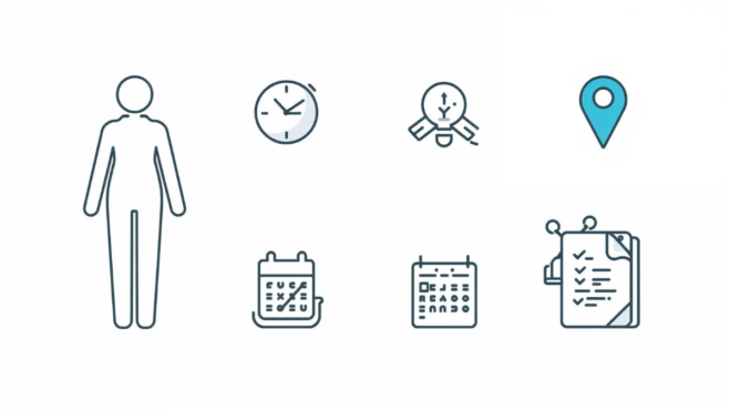 Icons representing timing, location, and daily impact of symptoms