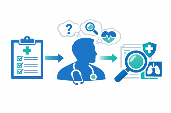 doctor using checklist and test results to interpret blood tests
